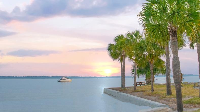 A yacht at sunrise near Harbor Town on Hilton Head Island.